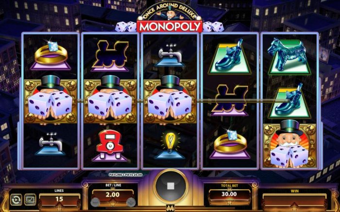 Three Uncle Pennybags holding a pair of dice on an active payline triggers the Once Around Deluxe bonus feature. - All Online Pokies