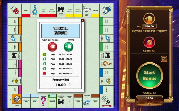 All Online Pokies - Simple select the properties you want to add houses too and click on the plus symbol to purchase up to 4 houses per proerty for the stated cost on property card.