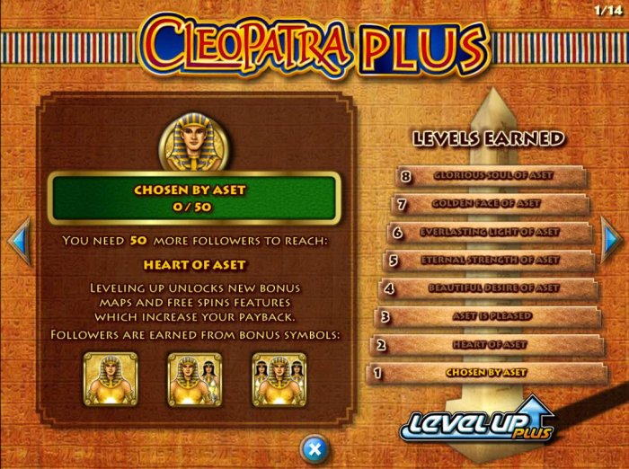 Levels - You need 50 more followers to reach the next level. Leveling up unlocks new bonus maps and free spins features, which increase your payback. Followers are earned from bonus symbols. - All Online Pokies