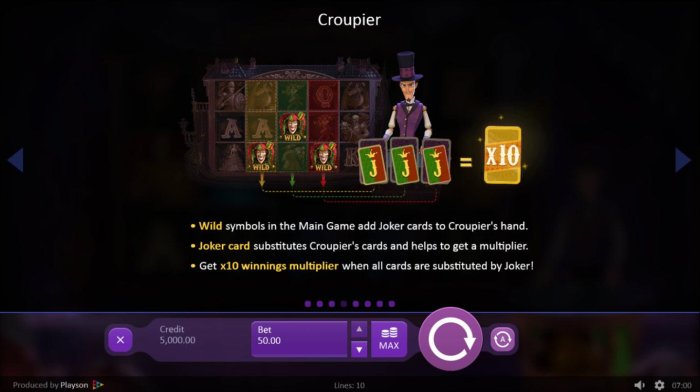 Wild symbols in the main game add joker cards to the Croupiers hand. Joker card substitutes croupier cards and helps to get a multiplier. - All Online Pokies