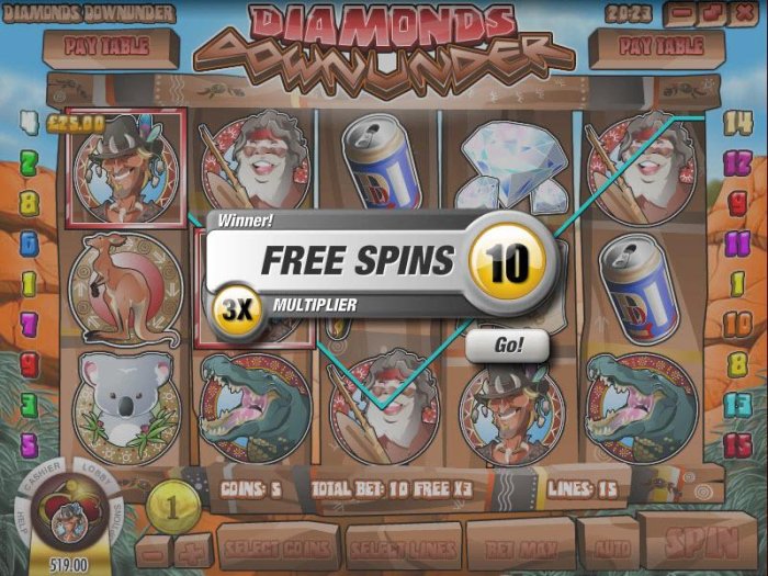 three scatter symbols triggers 10 free spins by All Online Pokies