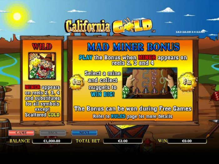 how to play and paytable for the wild and mad miner bonus feature by All Online Pokies