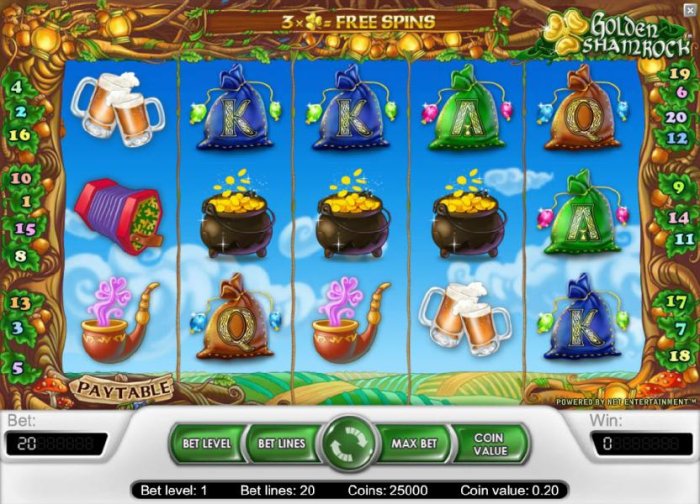 main game board featuring five reels and twenty paylines by All Online Pokies