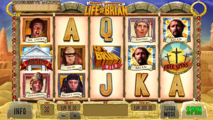 All Online Pokies - Main game board featuring five reels and 30 paylines with a progressive jackpot max payout