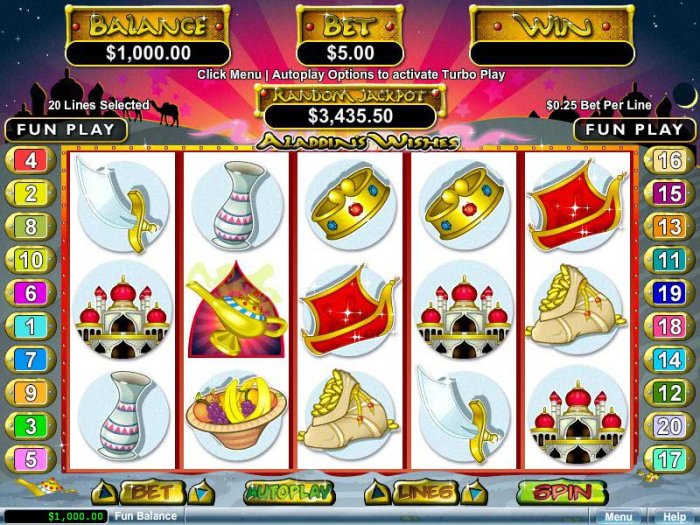 An Arabian fairy tale themed main game board featuring five reels and 20 paylines with a $12,500 max payout - All Online Pokies