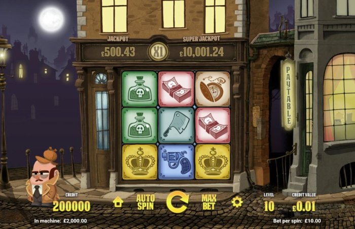 A crime detective themed main game board featuring three reels and 8 paylines with a progressive jackpot max payout by All Online Pokies