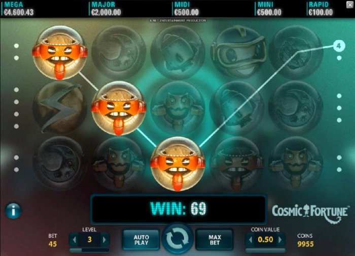 Three of a kind triggers a 69 coin payout - All Online Pokies