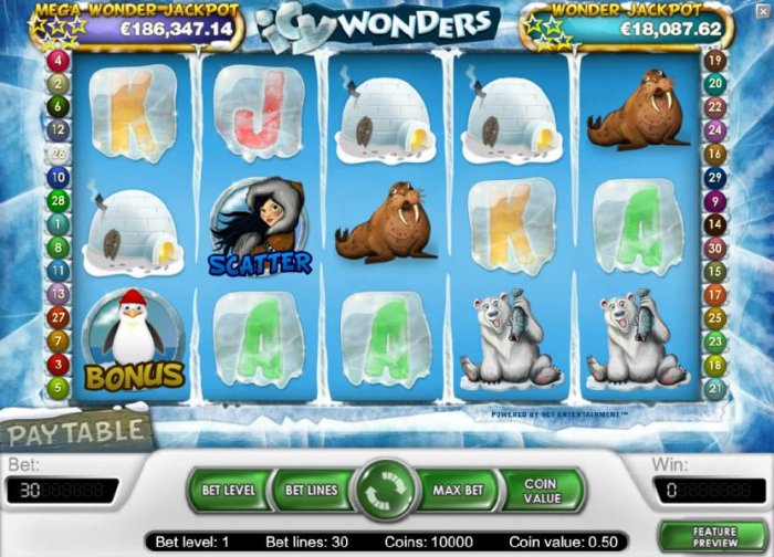 main game board featuring five reels, thirty paylines and a chance to win one of two progressive jackpots - All Online Pokies