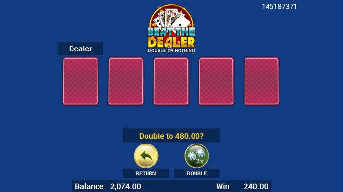 Beat The Dealer - Double or Nothing Gamble Feature Game Board - Select a card that is higher than the dealers for a chance to double your winnings. - All Online Pokies