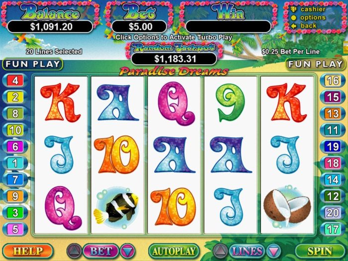 A paradise themed main game board featuring five reels and 20 paylines with a $250,000 max payout by All Online Pokies