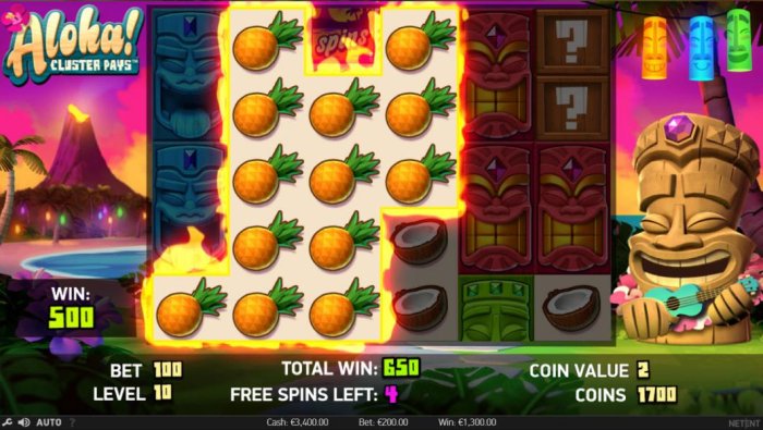 All Online Pokies - a 500 coin payout triggered by a cluster of pineapple symbols