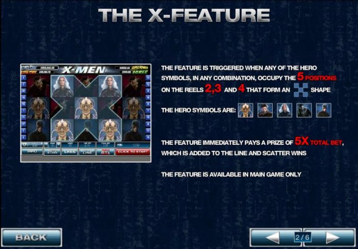 the x-feature is triggered when any of the hero symbols, in anycombination, occupy the 5 positions on the reels 2, 3 and 4 that form an x shape - All Online Pokies