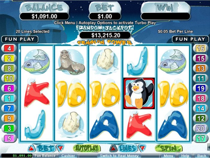 All Online Pokies - A Penguin themed main game board featuring five reels and 20 paylines with a $250,000 max payout