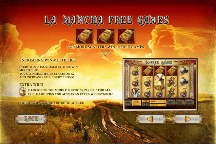La Mancha Free Games - three or more scatter symbols win 10 free games by All Online Pokies