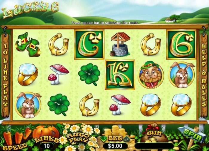 All Online Pokies - Main game board based upon a leprechaun pot-o-gold theme,  featuring five reels and 10 paylines with a $33,000 max payout