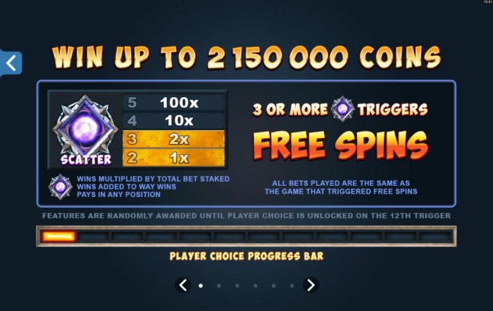 Win up to 2,150,000 coins! Scatter symbol pays. 3 or more scatter symbols trigger Free Spins! by All Online Pokies
