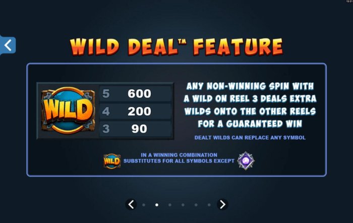 Wild Deal feature - Any non-winning spin with a wild on reel 3 deals extra wilds onto the other reels for a guaranteed win. by All Online Pokies