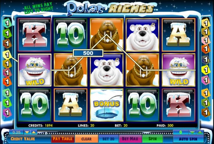 All Online Pokies - five of a kind triggers a 500 coin big win jackpot