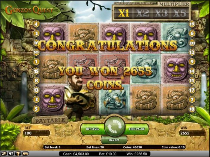 Gonzo's Quest pokie game you won 2655 coins during the free spins feature - All Online Pokies