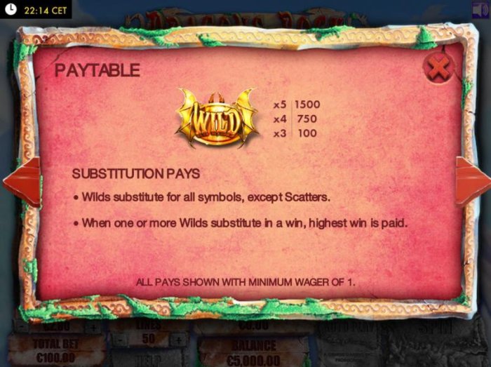 Wild symbol paytable. Wilds substitute for all symbols, except scatters. When one or more Wilds substitute in a win, highest win is paid. by All Online Pokies