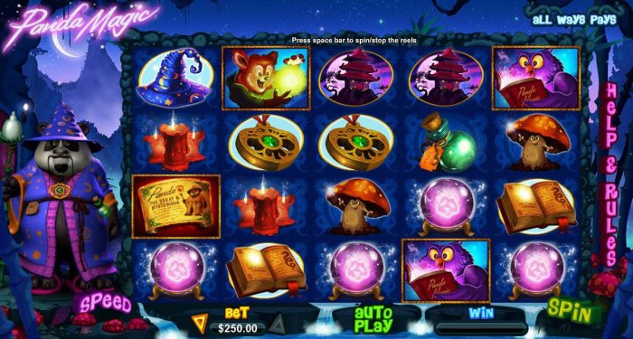 Main game board featuring five reels and 1024 winning combinations with a $500,000 max payout - All Online Pokies