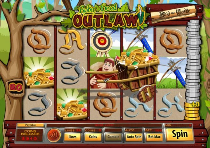 2 or more laden cart symbols anywhere on the reels will add gold coins to the coin stack located to the right of the reels. Collect all 33 gold coins to trigger the Raid the Castle bonus game. - All Online Pokies