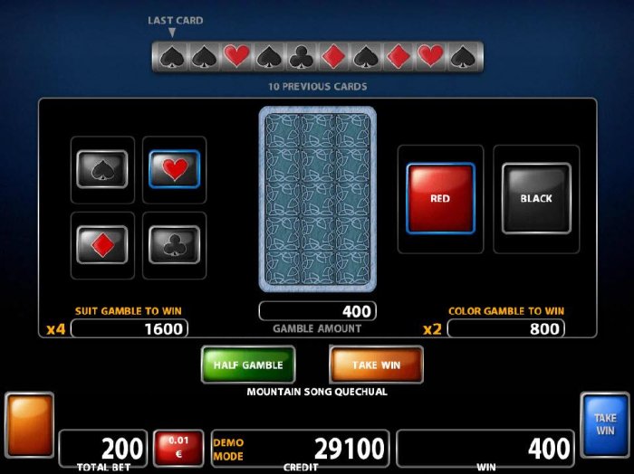 Double Up gamble feature is available after every winning spin. Select the correct color or suit for a chance to double your winnings. by All Online Pokies