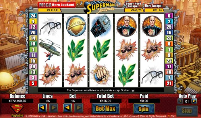 Main game board featuring five reels and 25 paylines with a Jackpot max payout by All Online Pokies