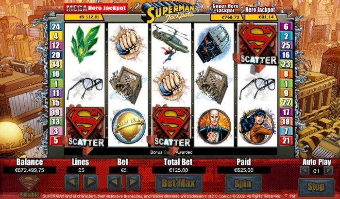 All Online Pokies - Three Superman logo scatter symbols triggers bonus feature