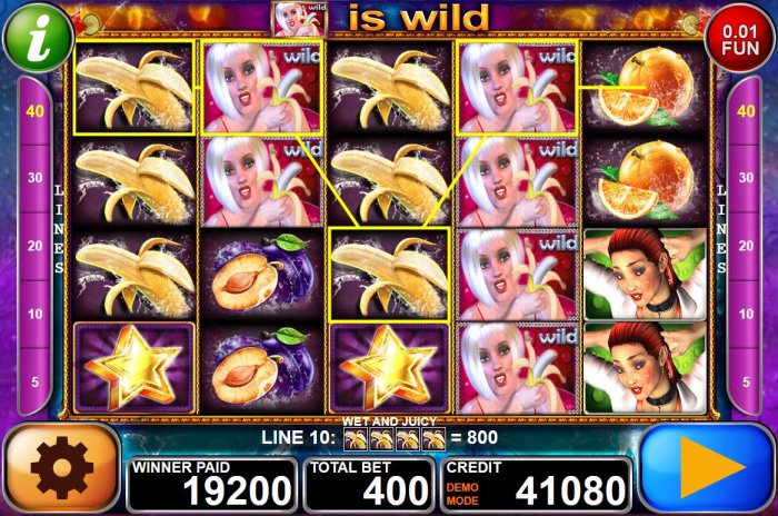 A 19200 coin mega jackpot win triggered by wild and banana symbol forming multiple winning combinations - All Online Pokies