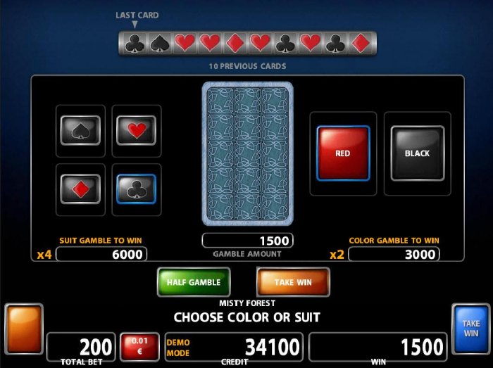 Double Up gamble feature is available after every winning spin. Select the correct color or suit for a chance to double your winnings. - All Online Pokies
