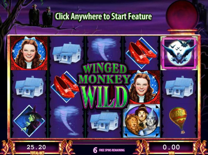 All Online Pokies - Winged Monkey Wild feature triggered during the free spins feature.