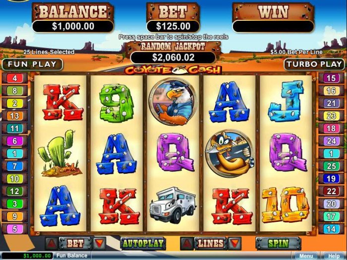 All Online Pokies - A desert themed main game board featuring five reels and 25 paylines with a $250,000 max payout