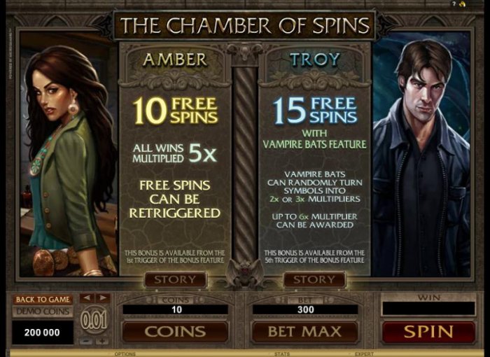 Amber and troy symbols both offer free spins click on the story to learn more about each character - All Online Pokies