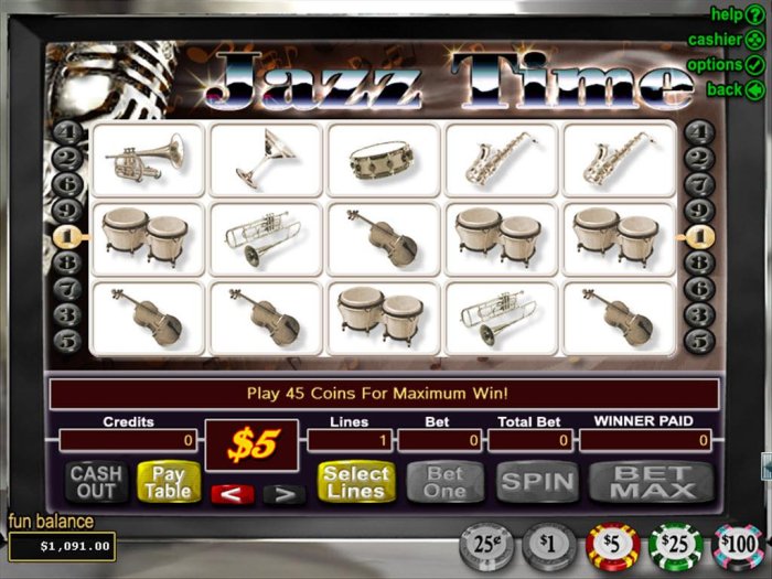 A musical themed main game board featuring five reels and 9 paylines with a $50,000 max payout - All Online Pokies