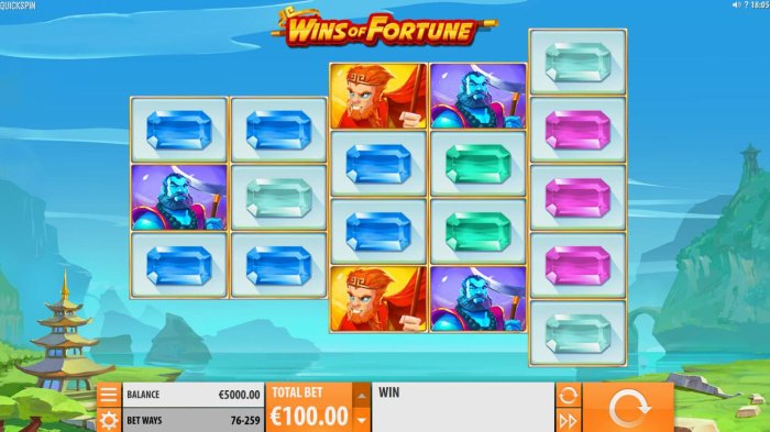 All Online Pokies - Main game board featuring five reels and 76 ways to win with a $250 max payout.