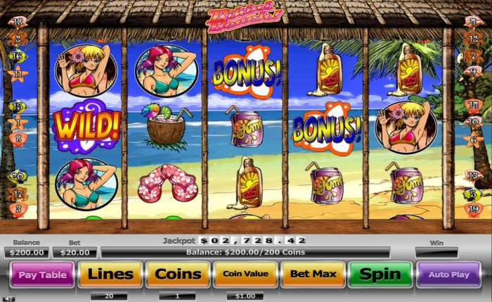 A beach themed main game board featuring five reels and 20 paylines with a $130,000 max payout by All Online Pokies