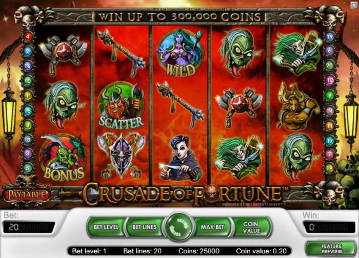 main game board featuring five reels, twenty paylines and a chance to win up to 300,000 coins by All Online Pokies
