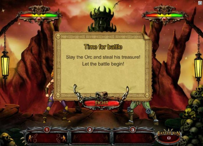 Bonus feature - time for battle - Slay the Orc and steal his treasure! Let the battle begin - All Online Pokies