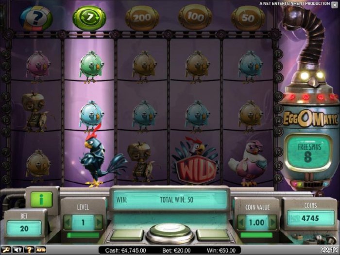 the eggomatic placing the eggs along the top of the game board. free spins can be retriggered - All Online Pokies