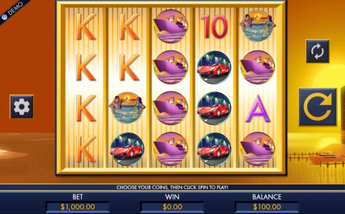 A luxury and wealth themed main game board featuring five reels and 100 paylines with a $5,000 max payout by All Online Pokies