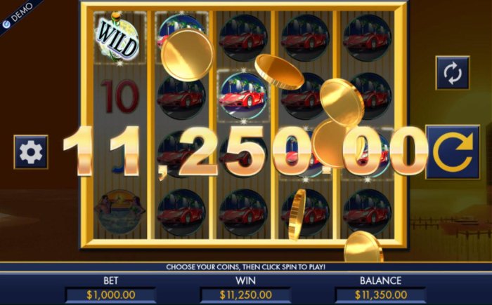 An 11,250.00 Super Mega win triggered by multiple winning combinations of red sports car symbols. - All Online Pokies
