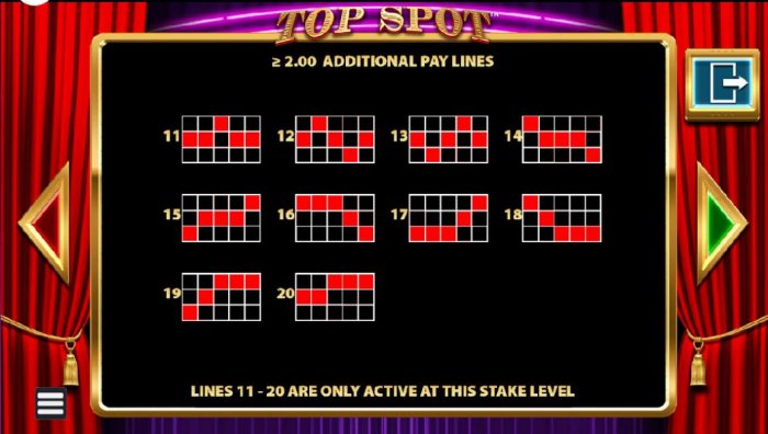 All Online Pokies - Payline Diagrams 11-20 - Lines 11-20 are only active at this stake level, 2.00 or greater.