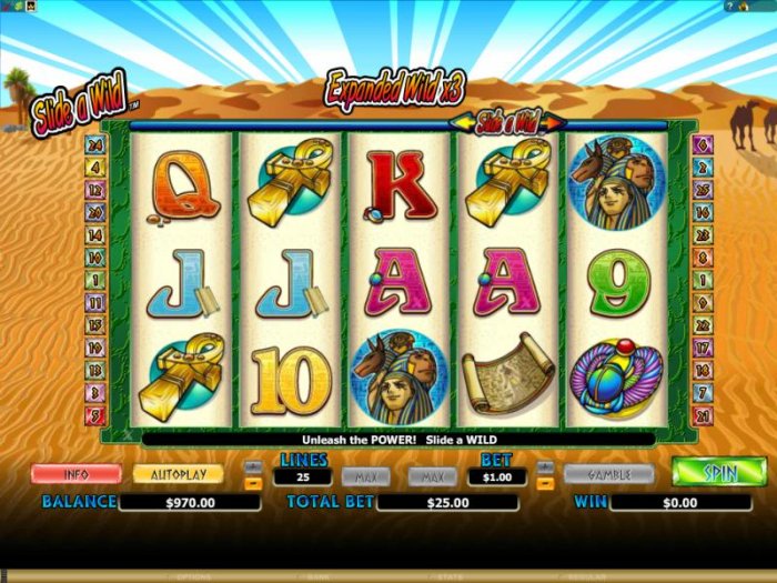 main game board featuring 5 reels and 25 paylines - All Online Pokies