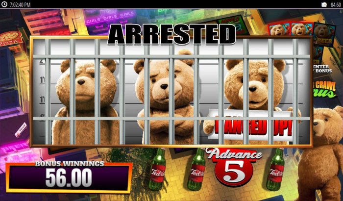 All Online Pokies - Bonus game play ends when Ted is jailed.