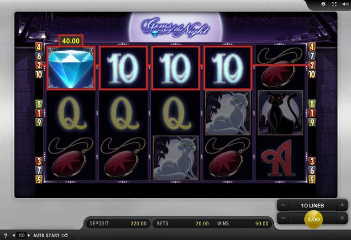 All Online Pokies - A winning Four of a Kind triggers a 40.00 line pay.