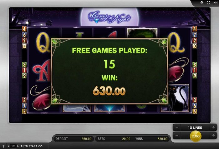After playing 15 free games, total payout 630.00. - All Online Pokies