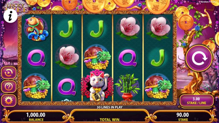An Asian themed main game board featuring five reels and 30 paylines with a $250,000 max payout - All Online Pokies