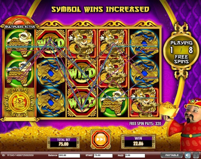 All Online Pokies - Multiple winning paylines triggered during the Free Games feature awarding a 320.00 payout.