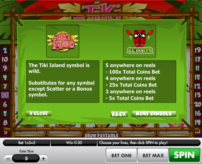 All Online Pokies - The Tiki Island symbol is wild and substitutes for any symbol except scatter or a bonus symbol. Red Mask Tiki scatter symbol Paytable